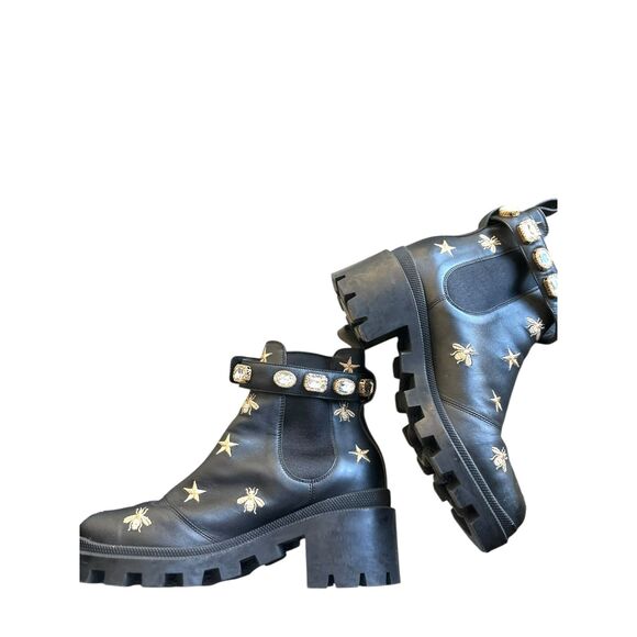 GUCCI Bee Embroidered Leather Booties Black w Box 38.5 - Picture 5 of 6